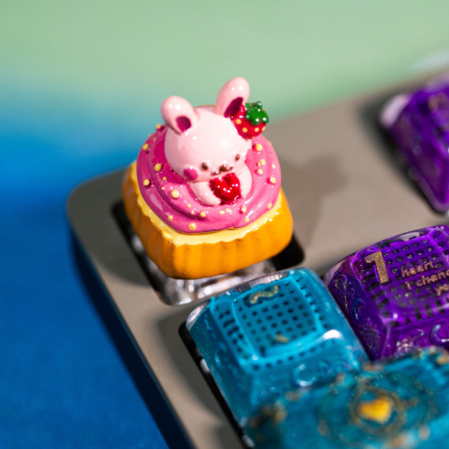 Strawberry Bunny Delight · Resin Artisan Keycap